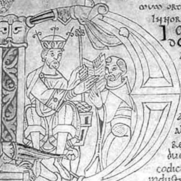 Lettre majuscule d’un manuscrit du XIe siècle représentant Guillaume de Jumièges